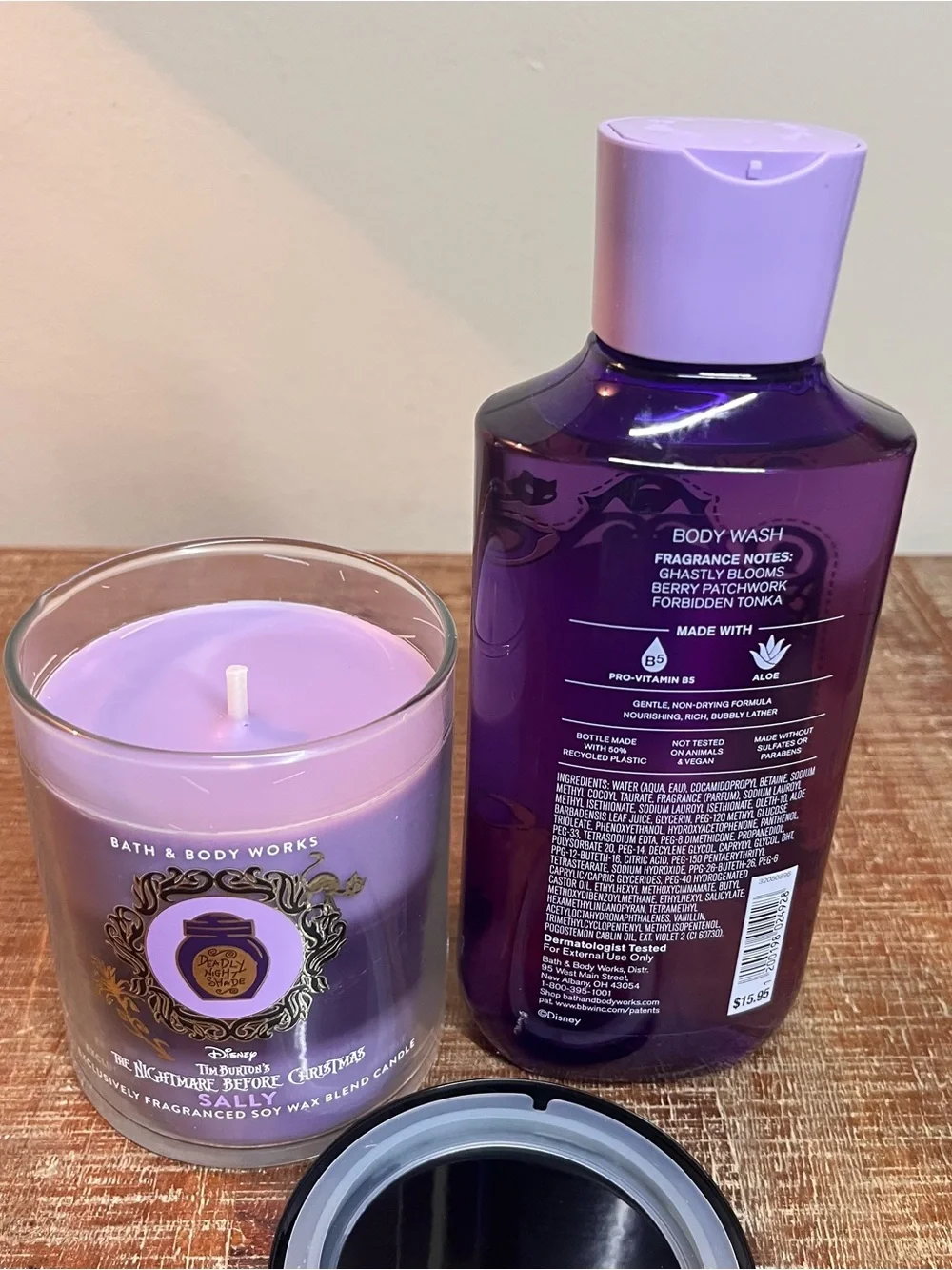 BBW Nightmare Before Christmas Sally Single Wick Candle & Body Wash Bundle 2